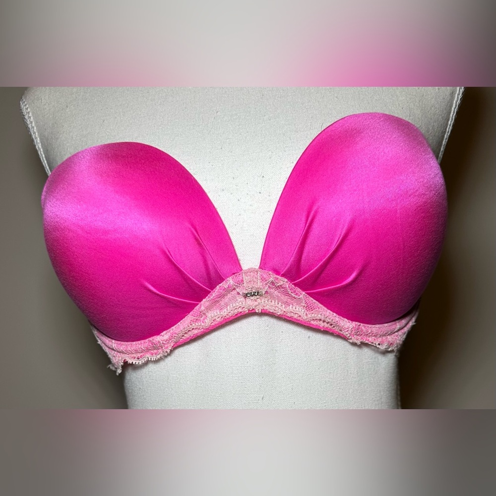 Victoria’s‎ Secret Strapless Bra Hot Pink White Lace Sparkle Padded Push-Up 36B